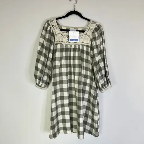 NEW Mi Golondrina Mexico Marta Dress Long Sleeves Women’s XS Cream Green Plaid