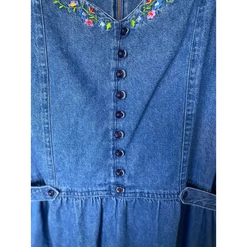 Erika Vintage Denim Maxi Dress Floral Embroidery Cottagecore V Neck Prairie Boho