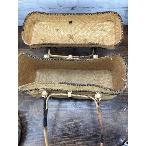 Vintage Straw Handmade Bag Summer Beach Weave With Lid Chinese Accents