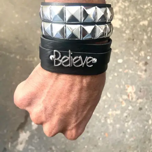 2 Pcs Set “ The Believe Studded Punk Bracelet Goth Pack “ Black