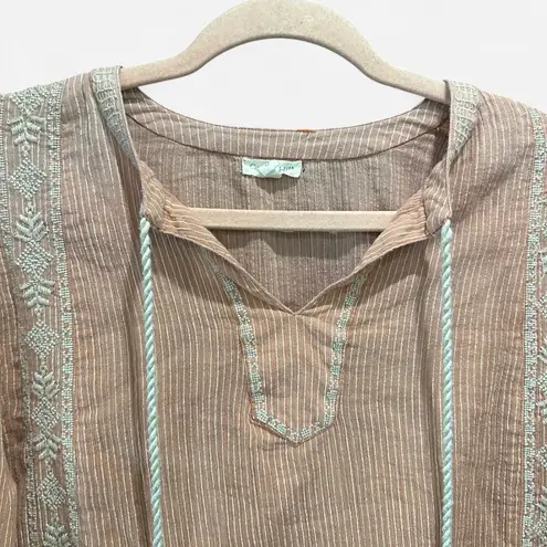 Garnet Hill Boho Coastal Orange Cream Pinstripe Embroidered Tassel Tunic Top