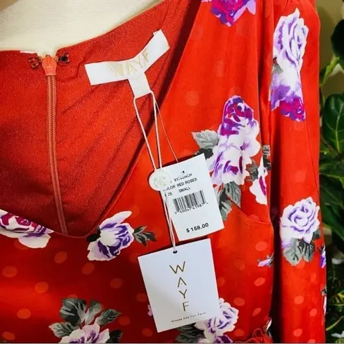 WAYF Floral Puff Sleeve Ruffle Layer Red & Violet Polka Dot Dress