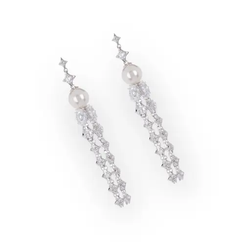 new Nadri ❤︎ Freshwater Pearl Crystal Drop Boho Bride Earrings ❤︎ Beach Wedding Silver