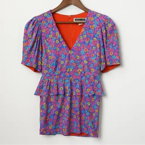 Rotate Mindy Mini Dress 6 Puff Sleeve Peplum Purple Blue Floral Bold Y2K Party