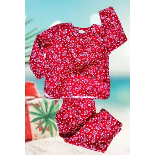 Jennifer Moore Vintage Christmas Pajamas Large Red 2 piece Fleece Loungewear