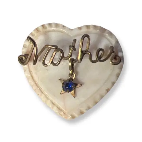 1940s Vintage Gold Mother of Pearl Carved Heart Pin Brooch White