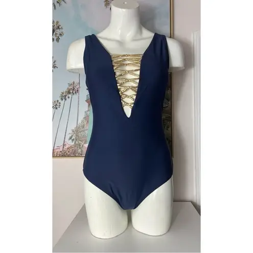 Cover Girl Navy Blue Gold Metallic Lace Up V