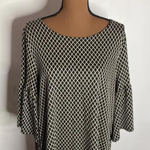 Bryn Walker Diego Diamond pattern bell sleeve tunic black and cream size M