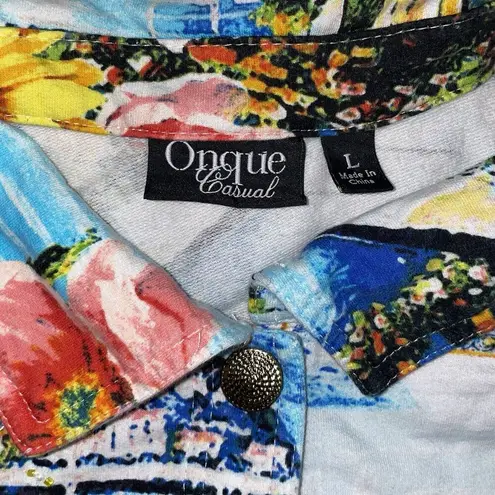 Onque Casuals Woman’s Top Artful Sea Print Size Large Sequins Blue
