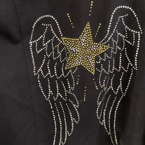 Quacker Factory  Black Denim Jacket Size Small Rhinestones Angel Wings Star