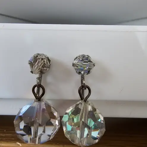 Vintage Aurora Borealis AB Crystal Bead Ball Drop Dangle Clip on Earrings Silver