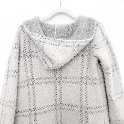 Womens Cardigan Sweater Sz M Gray Plaid Open Front Fuzzy Hooded Cozy Soft Comfy Size M