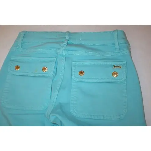 Juicy Couture New Logo Crop Jeans  25 Womens Snap Pockets Aqua Blue Teal Skinny