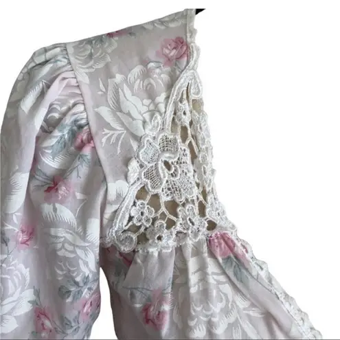Vintage 80s Pinehurst Victorian Style Floral Cotton lingerie Robe Size S Pink