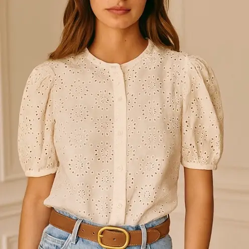 Mise En Scene By Ruffian White Eyelet Lace Button Down Puff Sleeve Top Size 2