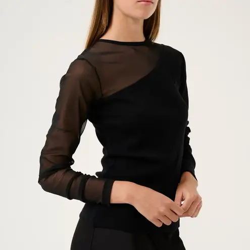 90s 80s Vintage Sheer Mesh Sleeve Velvet Top Blouse Women’s Small Goth Vamp Sexy Black