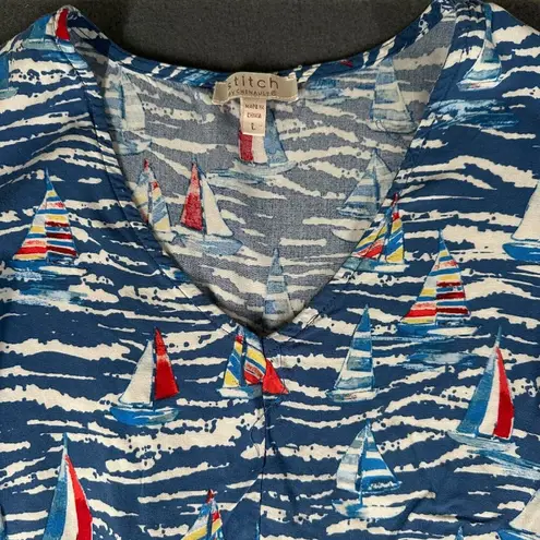 Stitch by Chenault Womens L Maxi Dress Sailboat Print Coastal Grandma Beach Blue Size L