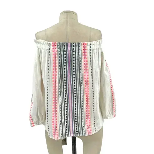 Lemlem Striped Off Shoulder Blouse In White Pink Black Embroidery Size XS