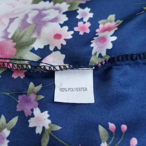 Silky Satin Robe Floral Pattern Kimono Short Dark Blue Size Small