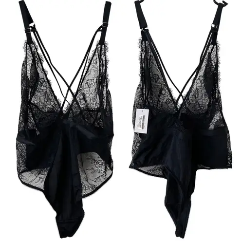 NEW AUDEN Black Lingerie Sheer Lace Contrast Thong Bodysuit Large Adjustable