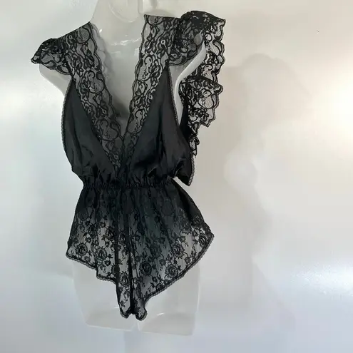 Lily Of France Vintage 80s Black Satin Lace Bodysuit Rosette Detail