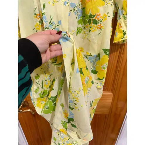 Vintage 1960s Smart Time Floral Housecoat Dress Yellow Blue Green Snap Front Size L