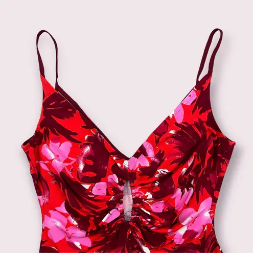 Moda International Vintage Y2K Red Pink Floral Tropical Ruched Keyhole Tank Top