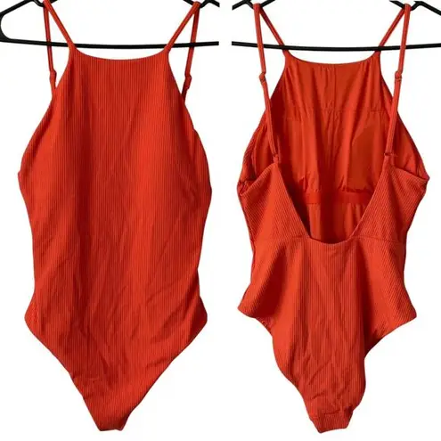 ANDIE NEW Asbury Ribbed High Neck Low Back One Piece Swimsuit Orange Size Medium