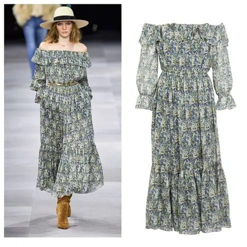 CELINE 2020 Off Shoulder Floral Print Dress