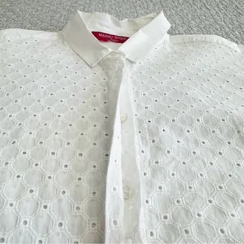 Marina Sport Oversized White Eyelet Boxy Button Up Dolman Sleeve Shirt Size 14
