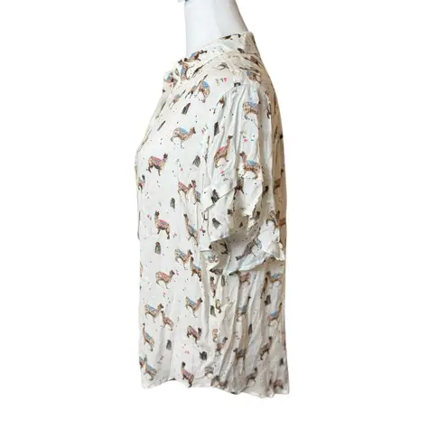 Democracy Womens White Llama Print Blouse Small Ruffle Sleeve Novelty Animals
