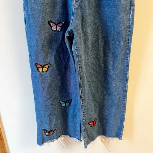 Minga London High Rise Wide Leg Butterfly Embroidered Jeans Size 8 Cotton 32” Blue