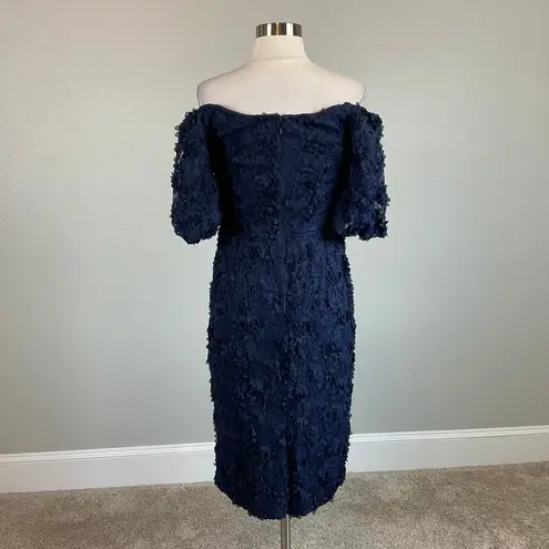 XScape  Women's Cocktail Dress Size 6 Blue 3D Floral Lace Off the Shoulder Sheath