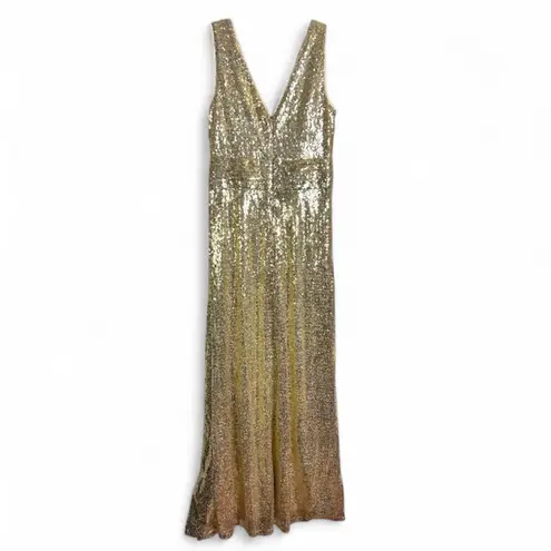 Kate Kasin Bright Gold Sequin Maxi Gown XS Elegant Formal Evening Dress Deep V