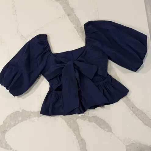 Francesca's Mi Ami NWT Bow Back Puff Sleeve Peplum Blouse Womens Large Navy Blue