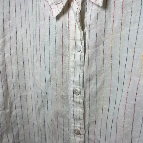 Chico's  100%‎ Linen Button Up Shirt White Rainbow Striped Size 3 Preppy Collared - Image 7