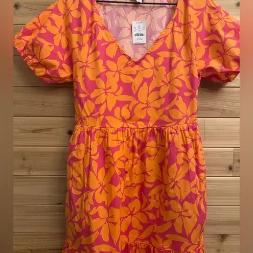 NWT J Crew Factory Size 2 Tiered Puff Sleeve V Neck Midi Preppy Dress Pink