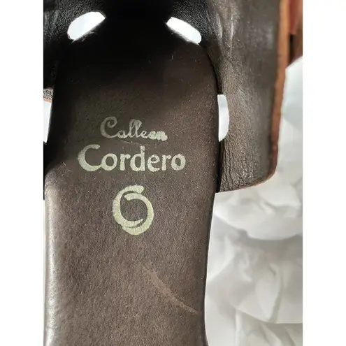 Calleen Cordero Wood Platform Sandals Embossed Leather Sculpted Heel Size 9 Brown