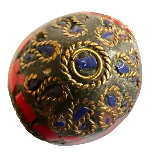 Tribal Nepalese Mosaic Ring – Coral & Lapis Inlay, Brass Setting Red