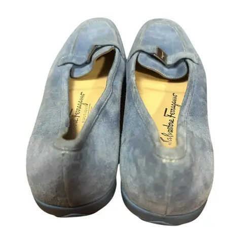 Salvatore Ferragamo Blue Suede Loafers Quiet Luxury Minimal Chic Slip-On Comfort Old Money Luxe 7.5