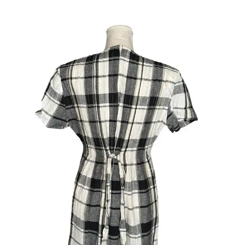 Petite Sophisticate Vintage Black & White Plaid Dress Short Sleeve Midi Cotton Blend Back Tie Sz 14