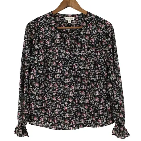 Maison Jules  Womens S Dark Floral Georgette Blouse Top Black Pink Cottagecore