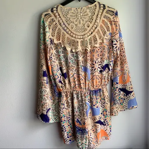 DR2 Patchwork Boho Crochet Long Sleeve Romper White