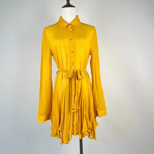 Farm Rio NWOT Irregular Ruffles Mini Shirt Dress Long Sleeve Size M Belt Tie