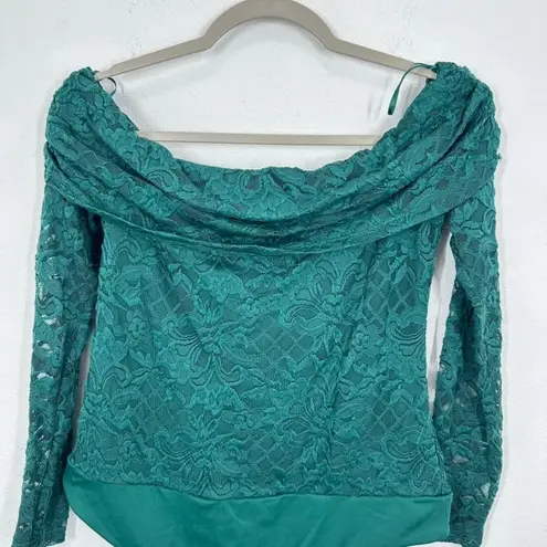 AFRM Green Sheer Lace Off Shoulder Long Sleeve Bodysuit Holiday Party Feminine Size L