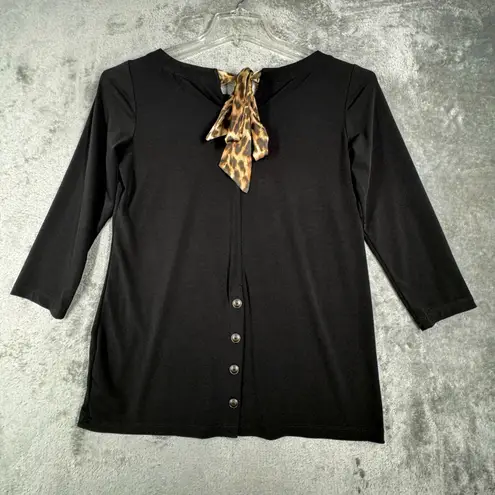 Susan Graver Shirt Women Button Back Statement Piece Neutral Animal Print Bow XS