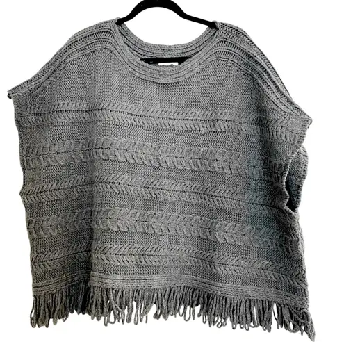 World Market Gray Poncho Sweater Shawl Fringe One Size Oversized Cozy Cottage