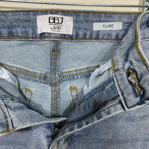 BBJ Los Angeles Jeans Womens Size 5 (27)Blue Flare Rhinestone Front Slit Raw Hem Blue