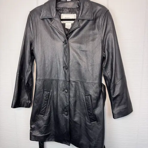 Modern Essentials Mid Length Trench Black Leather Jacket Belted Tie Waist S