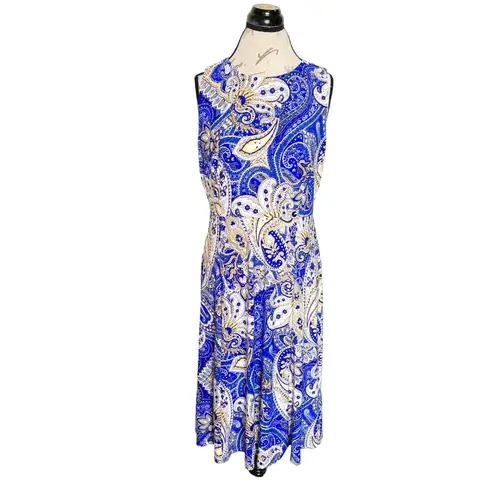Kasper Dress Womens Sz 8 Blue Sleeveless Midi Paisley Retro Hipster Bohemian